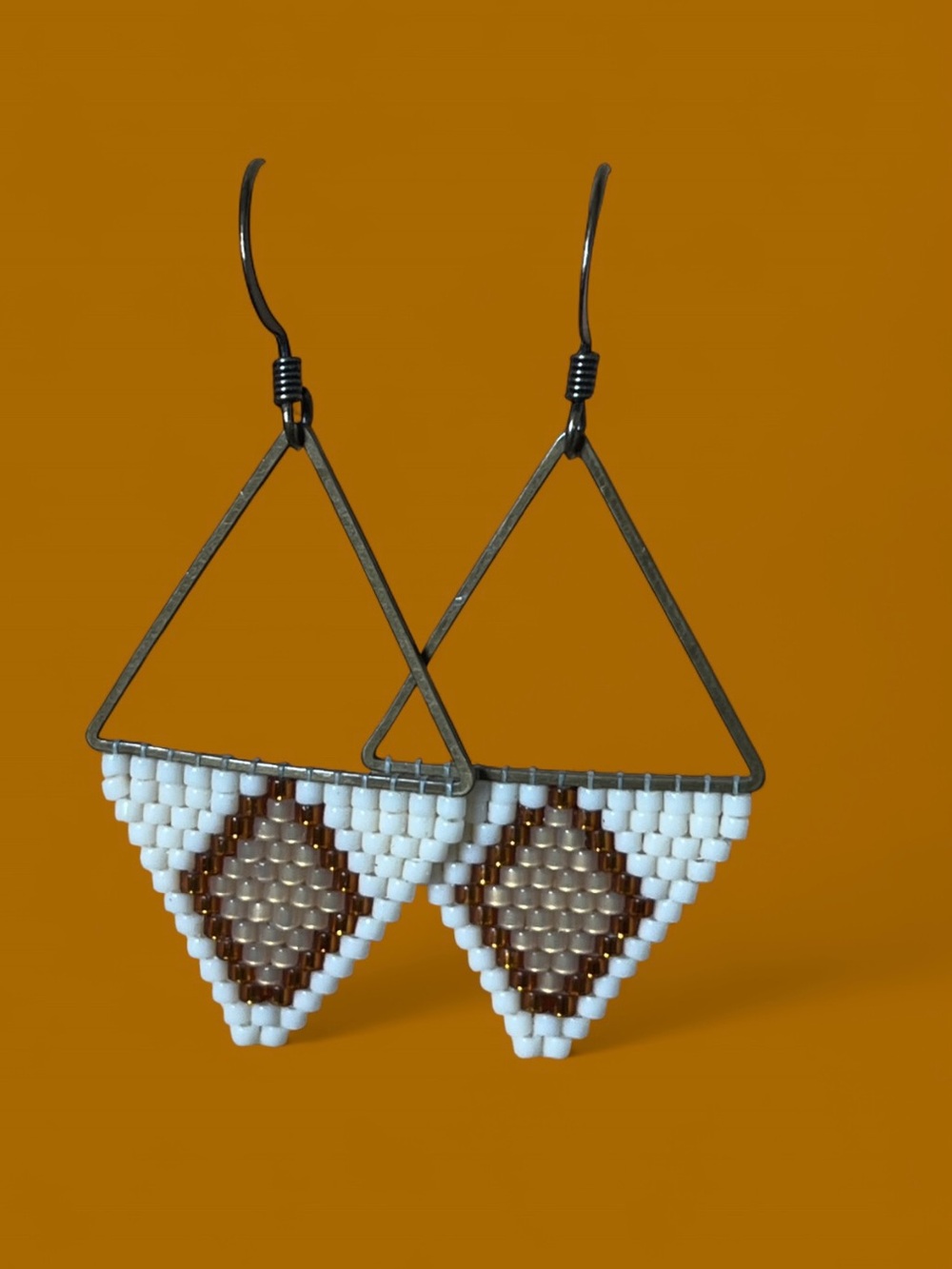 Handmade White and Brown Beaded Triangle Drop Earrings